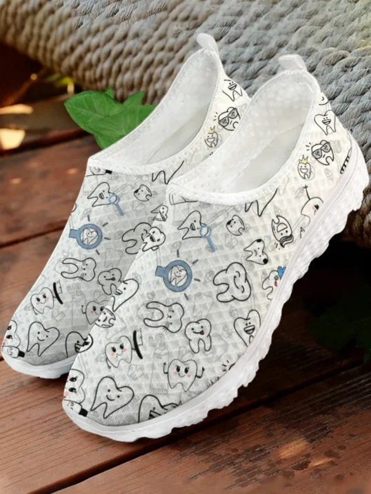 Women Shoes Tennis - 화이트 카툰 치아 프린트 메쉬 고품질